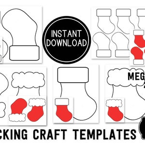 May include: A set of 25 printable Christmas stocking craft templates. The templates include various stocking shapes and sizes, including a traditional stocking, a boot-shaped stocking, and a Santa hat. The templates are black and white and can be used for a variety of crafts, such as coloring, painting, and decorating.