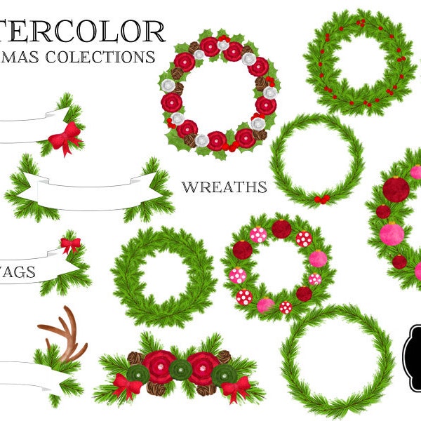 Watercolor Christmas Clip Art Wreath and Swag Digital Illustrations
