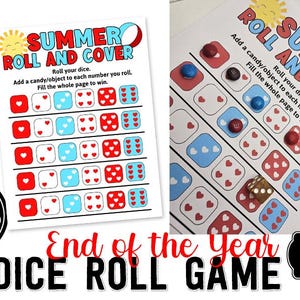 Jeu de dés imprimable de fin d'année Rouleau et couverture Jeu de dés du dernier jour Remplir le plateau de jeu Jeu pour enfants Jeu de fête scolaire Jeu de dés de bonbons