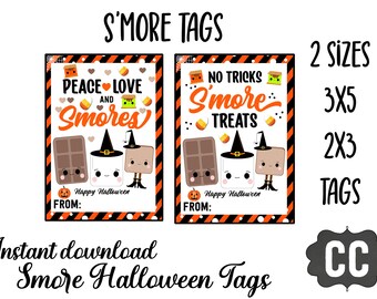 May include: Halloween-themed S'more tags with the text "Peace Love and S'mores" and "No Tricks S'more Treats". The tags feature cartoon marshmallows, chocolate bars, and candy corn. Available in 3x5 and 2x3 sizes.