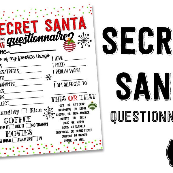 PRINTABLE -  Secret Santa Questionnaire  Printable Shopping List   Wish List Printable  Present List Page  INSTANT DOWNLOAD