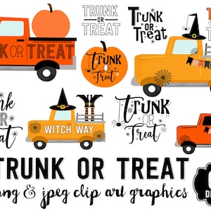 Op de afbeelding: Een set digitale clip art-afbeeldingen met illustraties van pick-up trucks die zijn versierd voor Halloween. De trucks zijn oranje en geel met verschillende Halloween-decoraties, waaronder pompoenen, heksen en spinnenwebben. De tekst "Trunk or Treat" verschijnt in verschillende stijlen en lettertypen in de afbeelding.