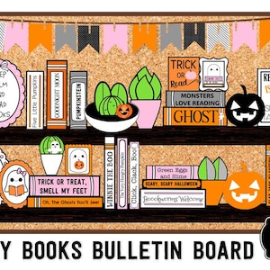 May include: A Halloween-themed bulletin board with a cork background. It features decorative books, pumpkins, ghosts, and the text "Spooky Books Bulletin Board." The design includes pink, orange, black, and white elements, creating a festive atmosphere.
