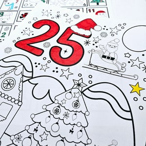 May include: A black and white printable Christmas countdown calendar with a red number 25. The calendar features a gingerbread house, a Christmas tree, a snowman, and Santa Claus in a sleigh.