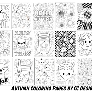 May include: A set of 12 black and white coloring pages featuring autumn themes. The pages include images of pumpkins, sunflowers, leaves, acorns, and other fall-related imagery. The text "HELLO FALL", "AUTUMN VIBES", "HAPPY FALL", "NUTS ABOUT FALL", and "PUMPKIN SPICE" is included on some of the pages.