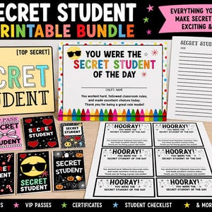 May include: A Secret Student printable bundle featuring a folder, a certificate, a checklist, VIP passes, and small cards. The items display colorful text, emojis, and patterns. A set of eight colored crayons is positioned on the right side.