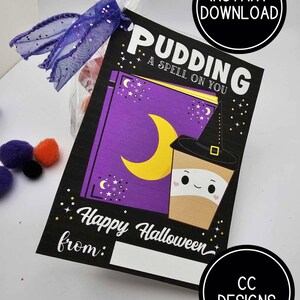 May include: Printable Halloween tag with a purple book and a witch hat on a pudding cup. The tag says "Pudding - A Spell On You" and "Happy Halloween from:".