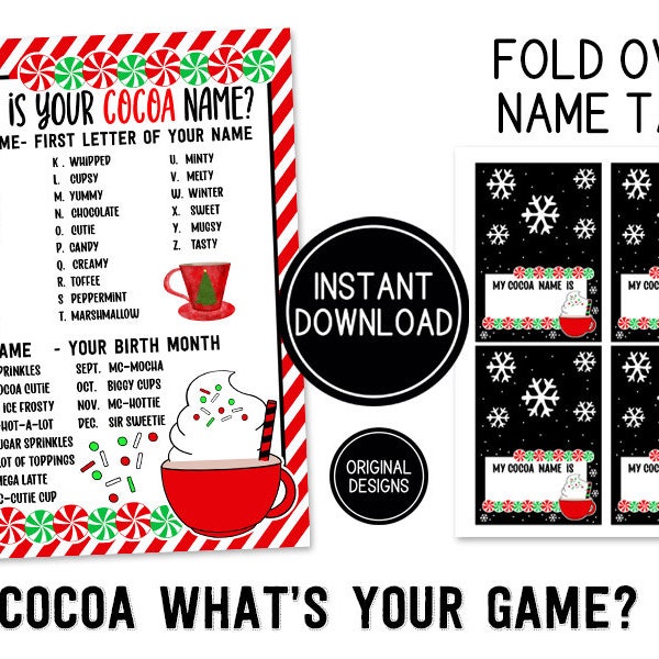 Hot Cocoa What's Your Name Christmas Game  Hot Chocolate Bar Game for Table  Office Party Fun