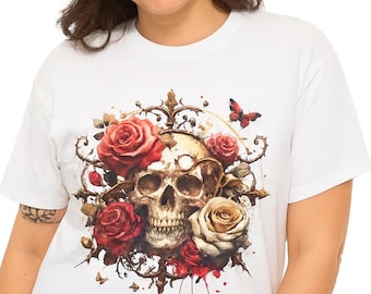 Halloween Damen Shirt | Death Roses Schädel Blumen Shirt | Gothic Barock Damen Baumwoll T-shirt | Dunkelästhetisches Rose & Skull Shirt
