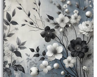 Black and White Flowers Canvas Wall Art | Minimalist Floral Line Art Print | Modern Botanical Artwork on Canvas | Neutral Home Deco
