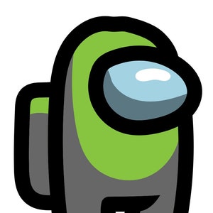 May include: A green and gray cartoon character with a black outline. The character has a large, round head with a visor and a small, round body with short legs.
