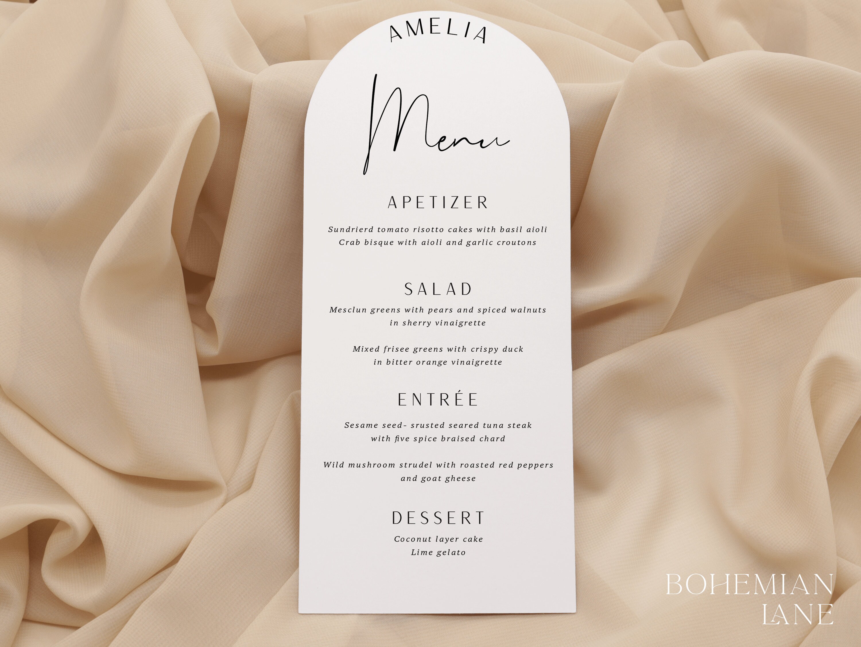 Arch Personalized Wedding Menu , Modern Cursive Font, Name Place Card ...