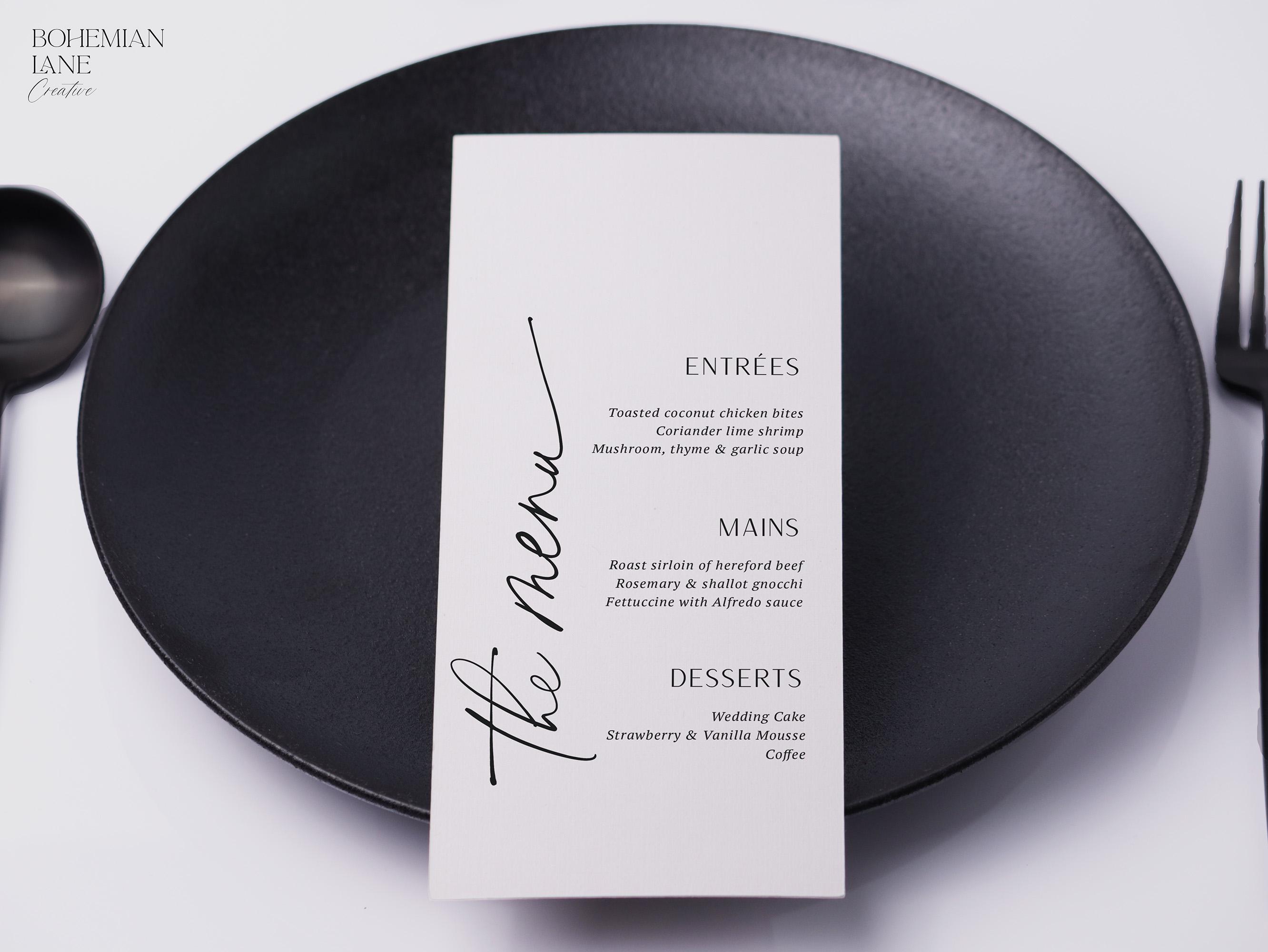 Wedding Menu Card With a Minimalist, Timeless Design and Cursive Font ...