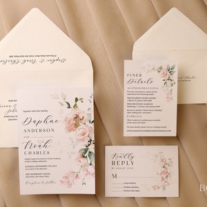 Elegant Wedding Invitation Suite, Classic Calligraphy Invite Set, Blush Pink Floral Details Rsvp Card | PRINTED | DAPHNE COLLECTION