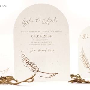 Rustic Eco Friendly Wedding Invitation, Details Card, Minimalist Bohemian Arch Invite, Wheat Barley Line Art | PRINTED| WHEAT COLLECTION