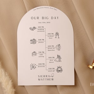 May include: A white wedding invitation with a pale pink background. The invitation is shaped like an arch and features a timeline of events for the wedding day. The text includes "Our Big Day", "July 15th, 2022", "Sierra", and "Matthew".