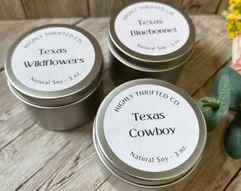 Texas Themed Soy Candles Travel Tins 3oz. Texas Made Texas Scents Wedding Guest Gifts Party Favors Smells Like Texas