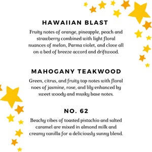 May include: A white background with yellow stars surrounding text describing three different scents: Hawaiian Blast, Mahogany Teakwood, and No. 62. The text describes the scents using fruity, floral, and woody notes.