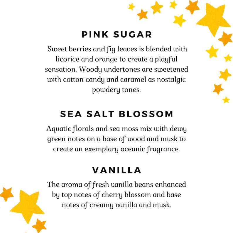 May include: A graphic featuring three candle scents: Pink Sugar, Sea Salt Blossom, and Vanilla. Each scent is described with a short paragraph outlining its fragrance notes.