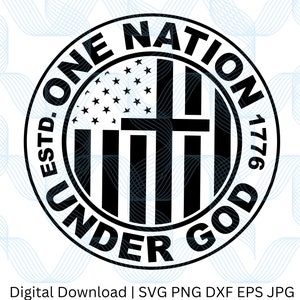 Pode incluir: Design circular em preto e branco com o texto "One Nation Under God 1776" ao redor da borda. O centro do design apresenta uma bandeira americana estilizada com uma cruz sobreposta.
