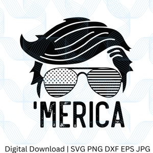 Könnte beinhalten: Schwarze und weiße Silhouette einer Person mit einer markanten Frisur, die eine Sonnenbrille mit amerikanischem Flaggenmuster trägt. Der Text 'MERICA' befindet sich unter der Sonnenbrille.