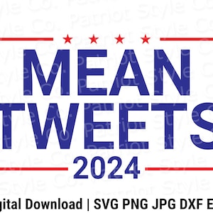 Könnte beinhalten: Ein rotes und blaues Grafikdesign mit dem Text "MEAN TWEETS 2024" in einem roten Rahmen. Über dem Text befinden sich fünf rote Sterne.