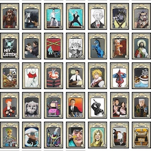 Peut inclure: Un ensemble de cartes à collectionner avec diverses illustrations. Chaque carte présente une image unique, notamment des personnages et des scènes, encadrée d'une bordure décorative. Les cartes présentent une variété de couleurs et de styles artistiques.