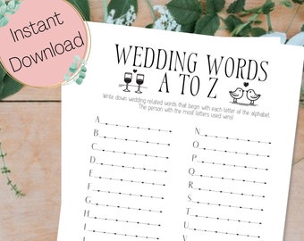 Bruiloft woorden A tot Z spel, afdrukbare vrijgezellenfeest (digitale download)