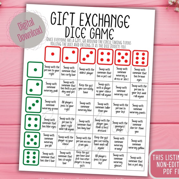 Gift Exchange Dice Game Printable Game ⁝ Any Occasion Group Party Game ⁝ Holiday Exchange Game : Instant Digital Download ⁝ AOxx01 ⁝ CG0x01