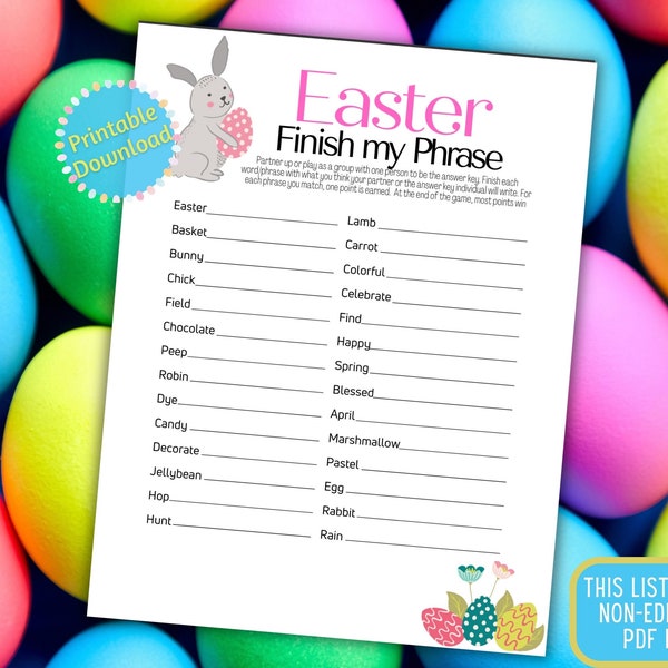 Easter "Finish my Phrase" Printable Game ⁝ Easter Group Party Game ⁝ Instant Digital Download ⁝ E0x01