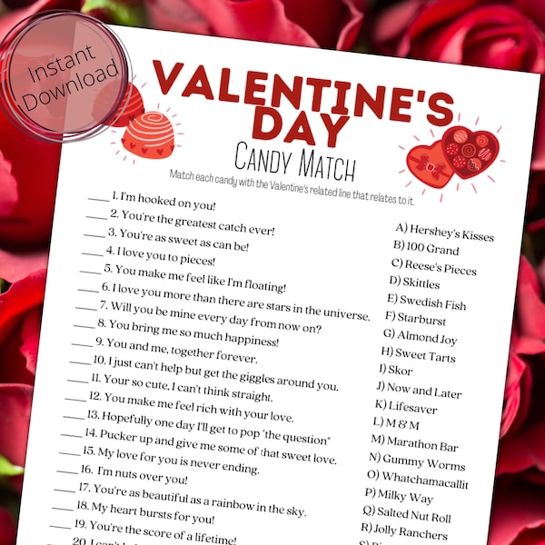 Valentine's "Candy Match" Printable Game ⁝ Valentine's Day Group Party Game ⁝ Instant Digital Download ⁝ VG0x01