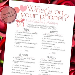 Valentine&#39;s Day &quot;What&#39;s on your Phone&quot; Printable Game ⁝ Valentine&#39;s Day Group Party Game ⁝ Instant Digital Download ⁝ VG0x01