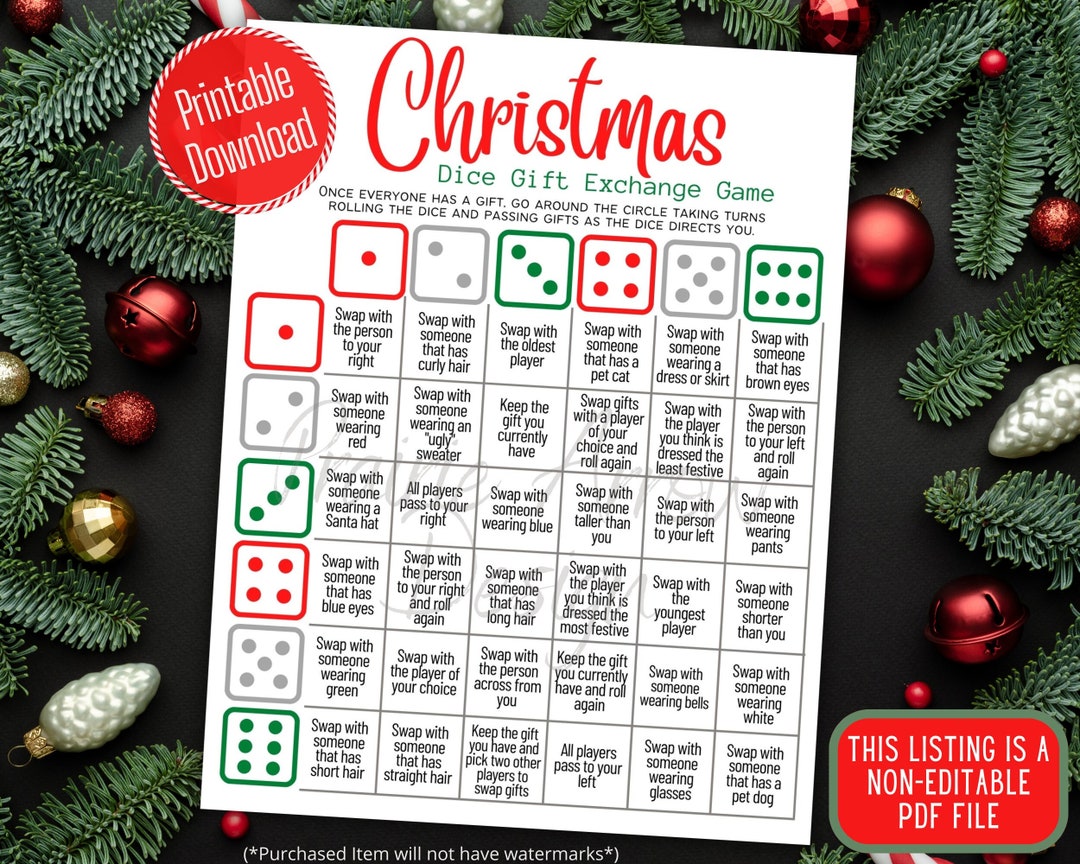 Christmas Gift Exchange Dice Game Printable Game Christmas Group Party