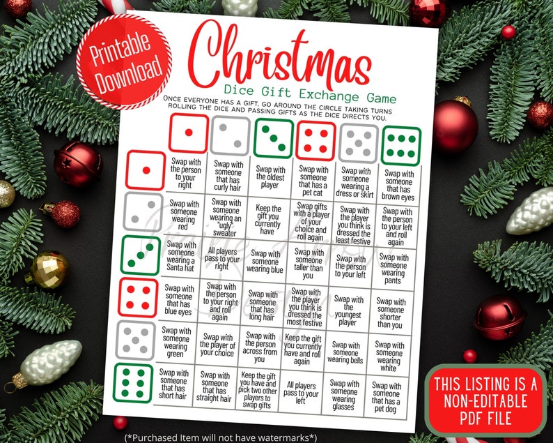 Puede incluir: Un juego de dados de Navidad imprimible con instrucciones para intercambiar regalos seg&uacute;n el resultado del dado. El tablero de juego presenta una cuadr&iacute;cula de 36 casillas con diferentes escenarios de intercambio de regalos.
