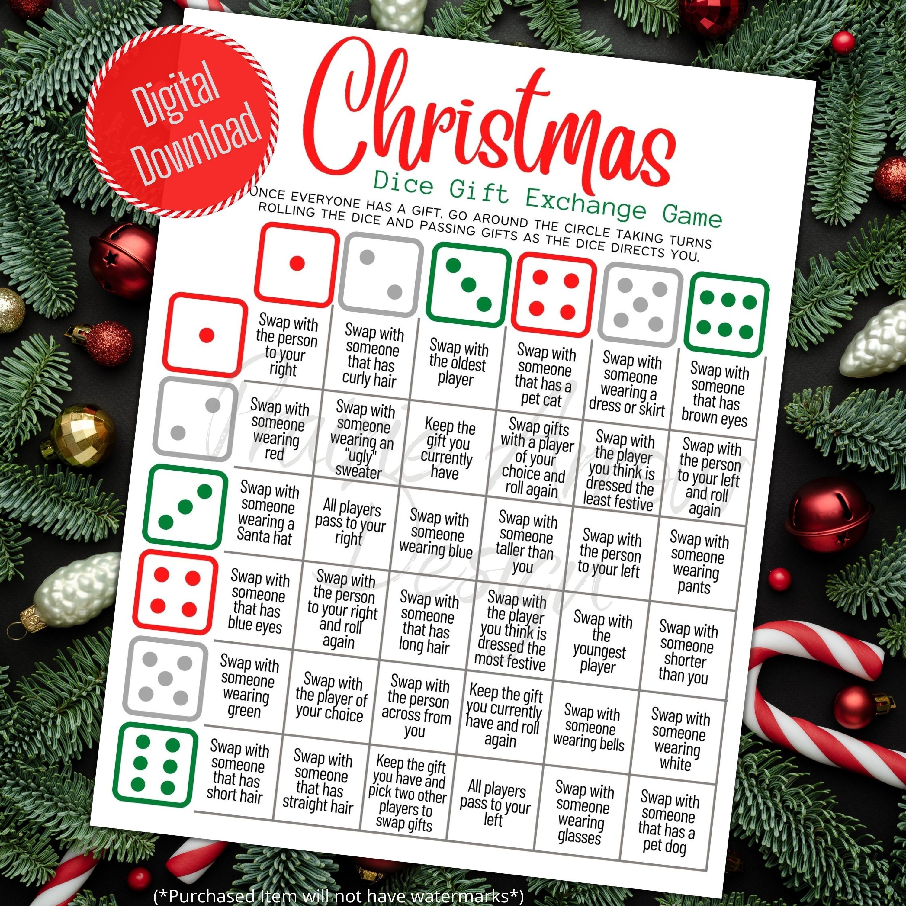 Christmas Gift Exchange Dice Game Printable Game Christmas image