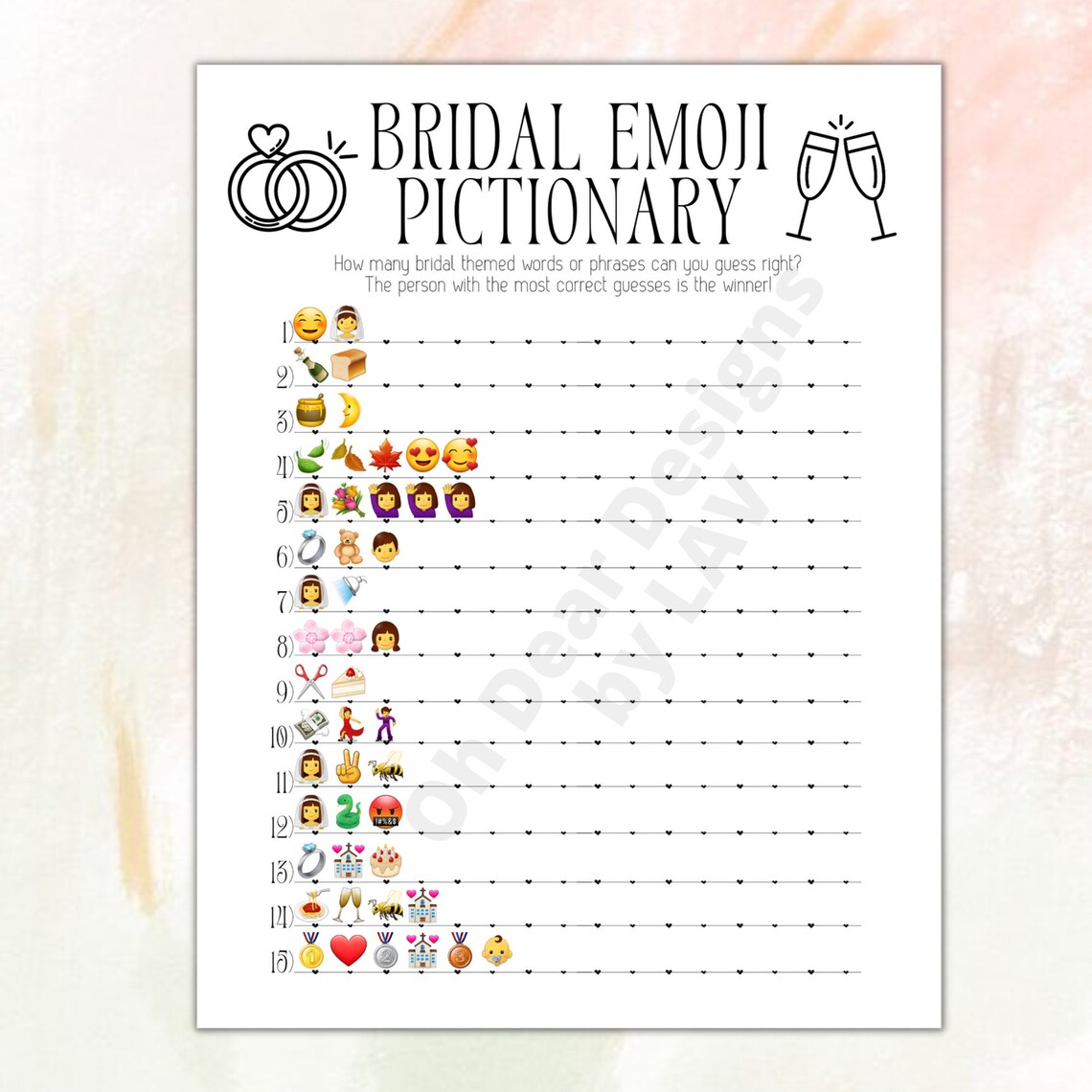 Bridal Emoji Pictionary Printable Bridal Shower Game Wedding Shower ...