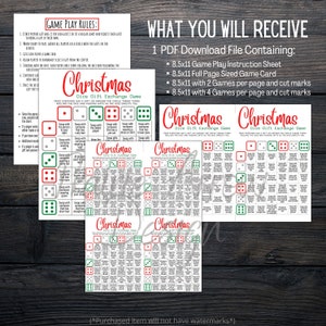 Puede incluir: Instrucciones y tarjetas de juego de dados de Navidad imprimibles. Las tarjetas de juego son rojas y verdes con texto blanco. Las instrucciones incluyen las reglas del juego y una descripci&oacute;n del juego. El juego se llama "Christmas Dice Gift Exchange Game".