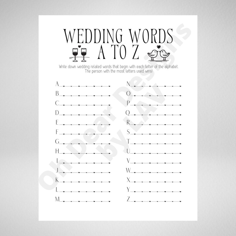 Wedding Words A to Z Printable Bridal Shower Game ⁝ Wedding Shower Game ⁝ Instant Digital ...
