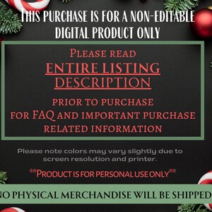 Puede incluir: Una lista de productos digitales con un tema festivo navide&ntilde;o. El texto dice "Esta compra es para un producto digital no editable &uacute;nicamente. Por favor, lea la descripci&oacute;n completa de la lista antes de comprar para obtener las preguntas frecuentes y la informaci&oacute;n importante relacionada con la compra. Tenga en cuenta que los colores pueden variar ligeramente debido a la resoluci&oacute;n de la pantalla y la impresora. **El producto es para uso personal &uacute;nicamente**. No se enviar&aacute; ning&uacute;n producto f&iacute;sico."