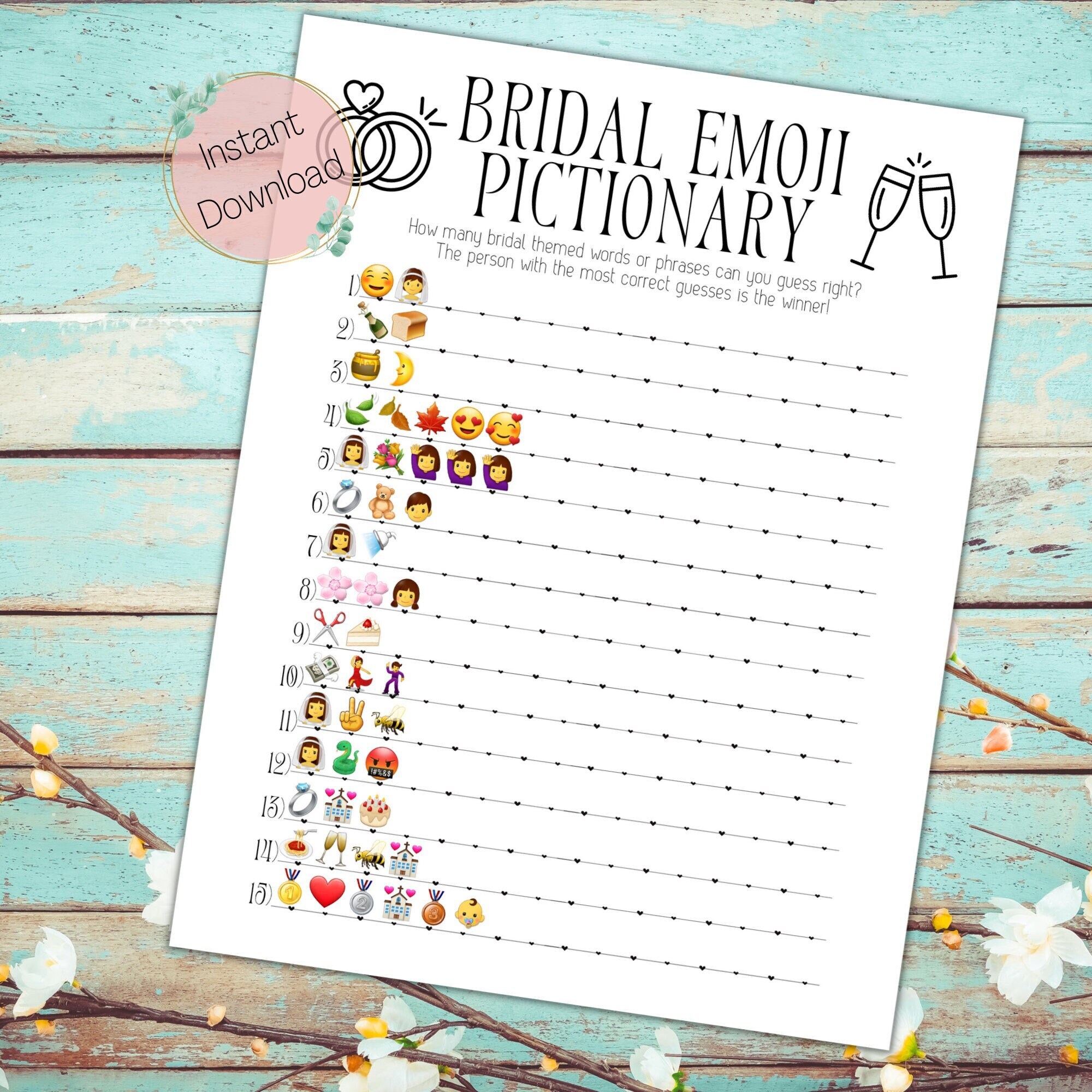 Bridal Emoji Pictionary Printable Bridal Shower Game Wedding Shower ...