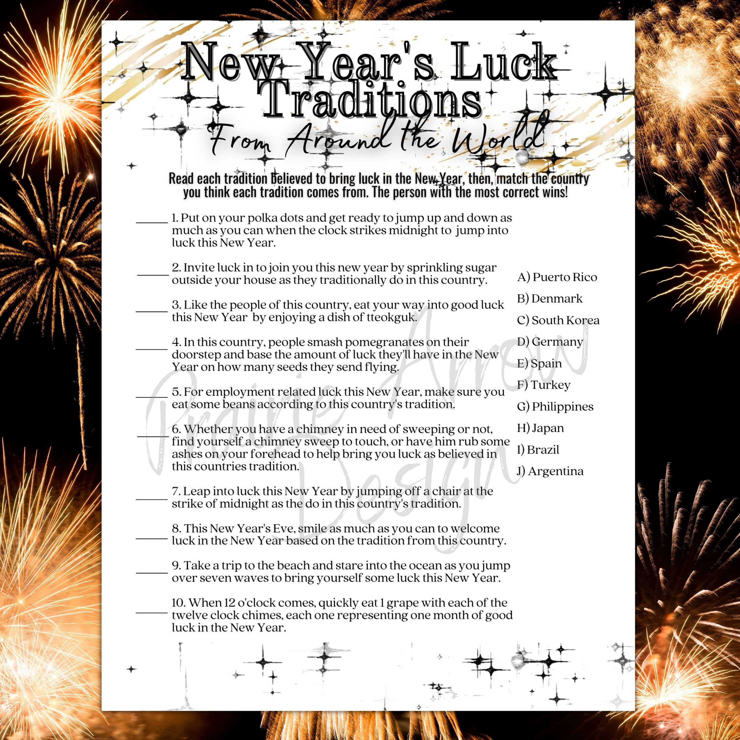 New Year's Traditions for Luck Around the World Printable Game New Year's  Eve Party Game Nyg0x01 