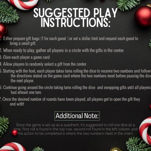 Puede incluir: Un fondo negro con texto blanco que describe las instrucciones para un juego de intercambio de regalos de Navidad. Las instrucciones incluyen preparar bolsas de regalo, reunir a los jugadores en un c&iacute;rculo y tirar los dados para determinar los intercambios de regalos. El texto tambi&eacute;n incluye una nota adicional sobre c&oacute;mo usar la tarjeta de juego.