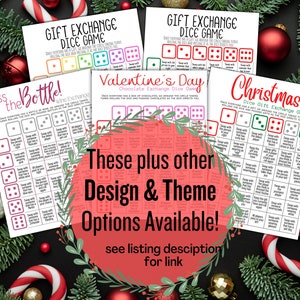 Puede incluir: Cuatro tarjetas de juego imprimibles con diferentes temas: Pasar la botella, Intercambio de regalos, D&iacute;a de San Valent&iacute;n y Navidad. Cada tarjeta presenta un juego de dados con instrucciones y una cuadr&iacute;cula de acciones para realizar en funci&oacute;n del lanzamiento de los dados.