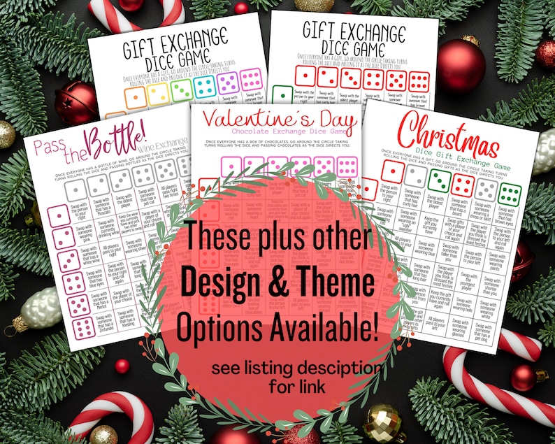 Puede incluir: Cuatro tarjetas de juego imprimibles con diferentes temas: Pasar la botella, Intercambio de regalos, D&iacute;a de San Valent&iacute;n y Navidad. Cada tarjeta presenta un juego de dados con instrucciones y una cuadr&iacute;cula de acciones para realizar en funci&oacute;n del lanzamiento de los dados.