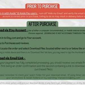 Puede incluir: Texto verde y blanco sobre fondo rojo con instrucciones sobre c&oacute;mo descargar archivos digitales comprados en Etsy. El texto incluye "Descargar a trav&eacute;s de la cuenta de Etsy", "Descargar a trav&eacute;s del enlace de correo electr&oacute;nico" y "Recuerda revisar tu carpeta de 'spam' para tu correo electr&oacute;nico de descarga."