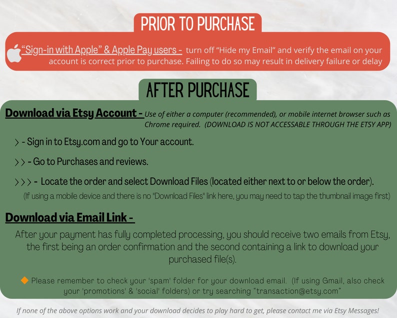 Puede incluir: Texto verde y blanco sobre fondo rojo con instrucciones sobre c&oacute;mo descargar archivos digitales comprados en Etsy. El texto incluye "Descargar a trav&eacute;s de la cuenta de Etsy", "Descargar a trav&eacute;s del enlace de correo electr&oacute;nico" y "Recuerda revisar tu carpeta de 'spam' para tu correo electr&oacute;nico de descarga."