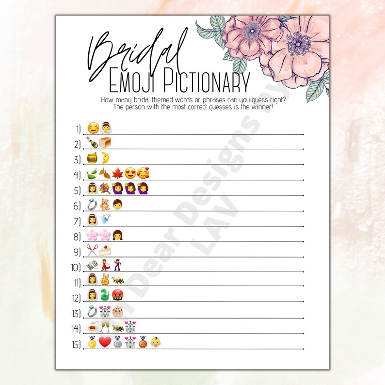 Bridal Emoji Pictionary Printable Bridal Shower Game Wedding Shower ...