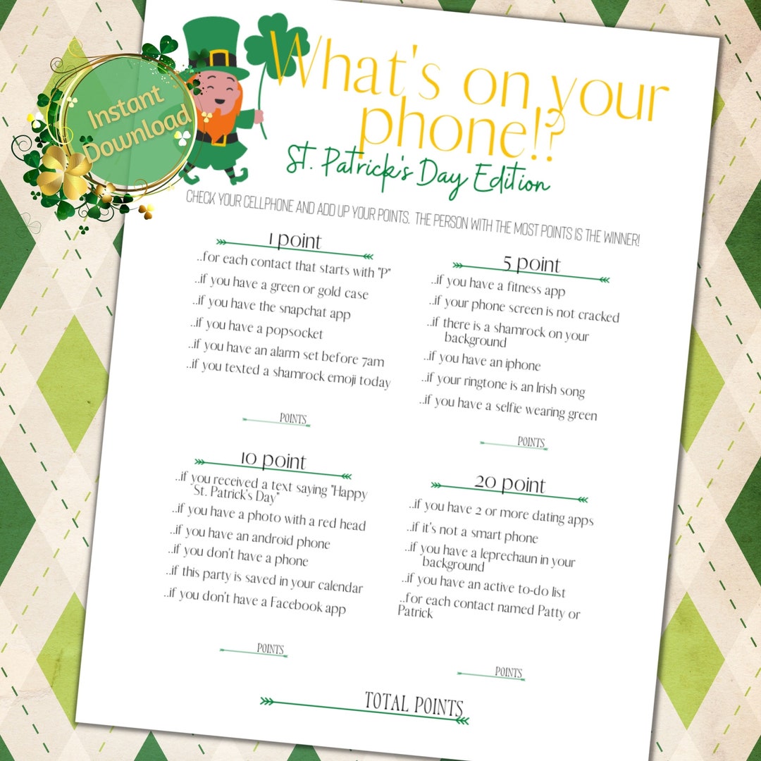 Juego imprimible "Qué hay en tu teléfono" del Día de San Patricio ...