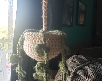 May include: A crocheted hanging planter with a beige pot and green leaves. The planter is hanging from a rope and is in front of a window.