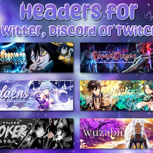 Könnte beinhalten: Eine Sammlung digitaler Header für Twitter, Discord oder Twitch, die verschiedene Anime-Charakterdesigns zeigen. Die Header enthalten Texte wie "Lehway", "daens", "JOKER", "Reprid Dragon" und "wuzabii" vor einem lila-blauen Sternenhintergrund.
